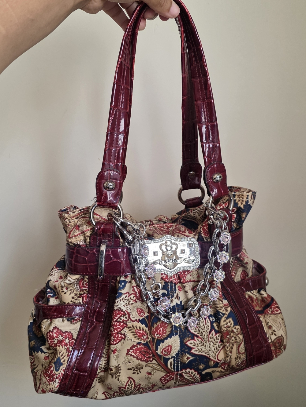 Kathy Van Zeeland Burgundy Floral Chain-Accent Shoulder Bag